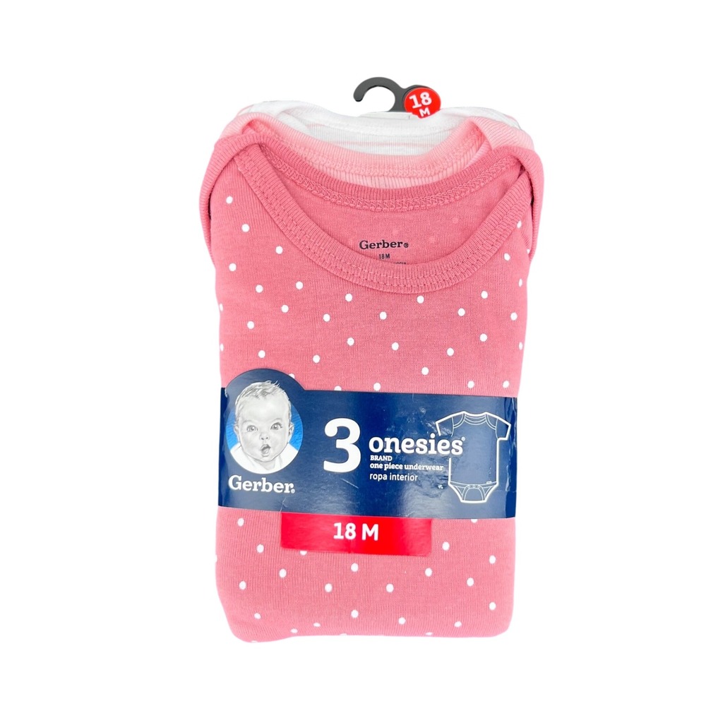 Gerber Onesies Bodysuits Baby Girl 18M Pink Polka Dot Striped 3 Pack NEW